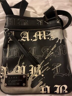 L.A.M.B. Black and Cream Graphic Crossbody Messenger Bag
